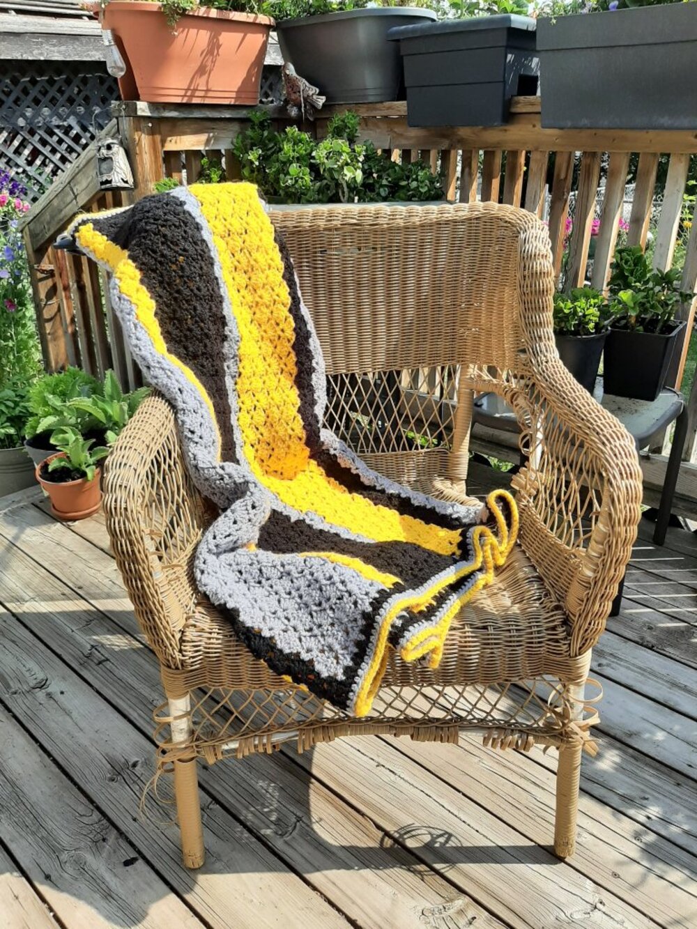 Handmade Crochet Afghan Large 90" x 70" Yellow/Black/Grey